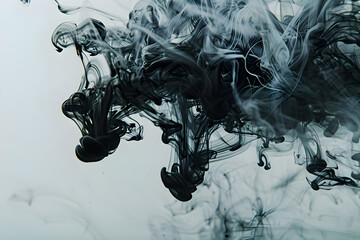 Poster - Abstract image of black ink swirling and diffusing in water, creating dynamic and fluid patterns against a light background.