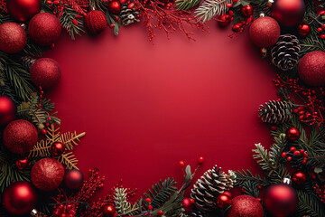 Wall Mural - christmas frame with gifts and christmas tree on red background
