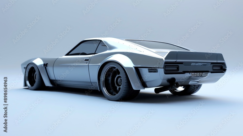 A sleek, silver sports car with wide tires and a muscular rear end ...