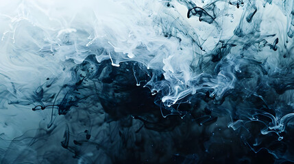 Poster - Abstract image of blue ink swirling and diffusing in water, creating dynamic and fluid patterns against a light background.