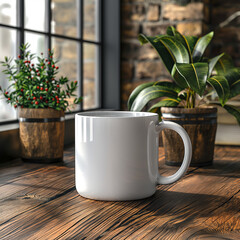 Wall Mural - White Mug with Indoor Plants, A white ceramic mug placed on a wooden table