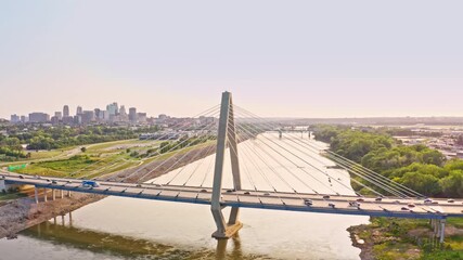 Wall Mural - Bond Bridge and Kansas City skyline with camera rotation. The Christopher S. Bond Bridge in Kansas City, Missouri (aka New Paseo Bridge) is a cable-stayed bridge across the Missouri River.