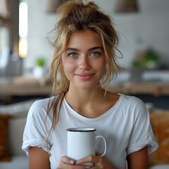 Wall Mural - Woman with a White Mug, A young woman smiling and holding a white ceramic mug