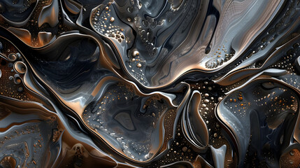 Poster - Abstract fluid art featuring metallic tones of gold, silver, and black with dynamic swirls and bubbles creating a textured effect.