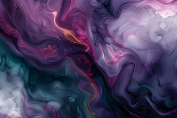 Poster - Dark abstract fluid art painting with swirling patterns in shades of purple, blue, and pink, creating a mysterious atmosphere.