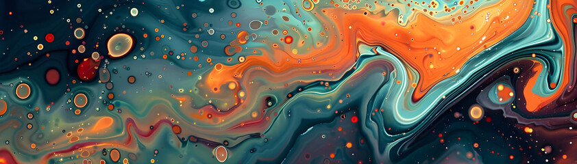 Poster - Vibrant abstract fluid art featuring swirling patterns and bubbles in a dynamic mix of orange, blue, and green hues.