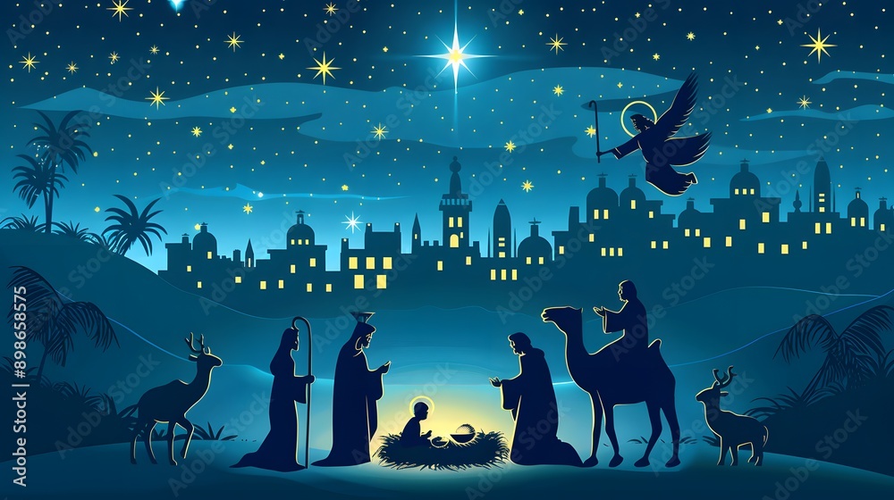 This serene silhouette of a nativity scene under a starry night sky ...