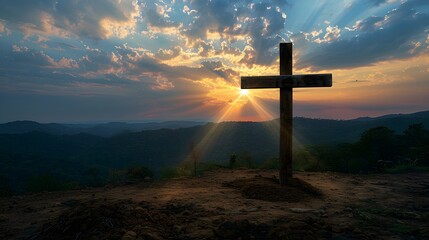 A serene sunset landscape featuring a wooden cross silhouetted against dramatic clouds and rays of sunlight breaking through, symbolizing hope and faith. 