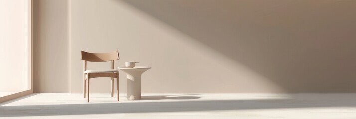 Aufkleber - A wooden chair with a white cushion sits next to a white side table in a bright, minimalist room. Sunlight streams in through a window, casting long shadows on the floor. Generative AI