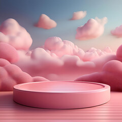 Wall Mural -  Pink Podium with Sky and Clouds- A pink 3D podium set against a dreamy sky with clouds. The_1(339)