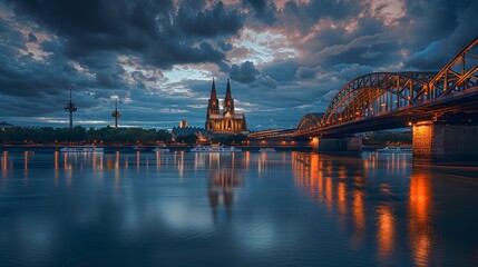 A stunning twilight view of Cologne's iconic cathedral and Hohenzollern Bridge reflecting beautifully on the tranquil waters of the Rhine River. 