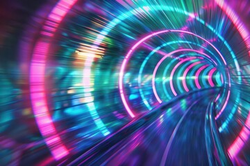Wall Mural - abstract futuristic tunnel with swirling neon lights in pink blue and green highspeed motion blur cr