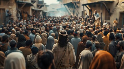 A crowd of people gathers around a central figure, set in an ancient town, evoking a sense of community and historical significance. 