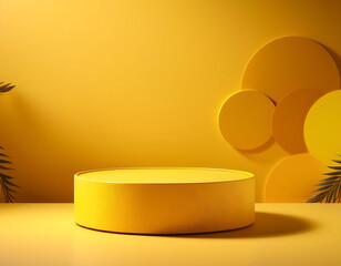 Wall Mural -  Product Presentation with Yellow Background- A 3D round podium set against a modern yel_1(364)