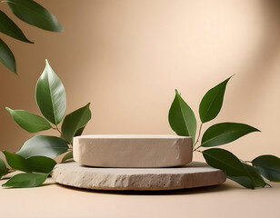 Wall Mural -  Product Stone Podium with Leaves- A minimalistic stone podium set against a beige backg_1(368)