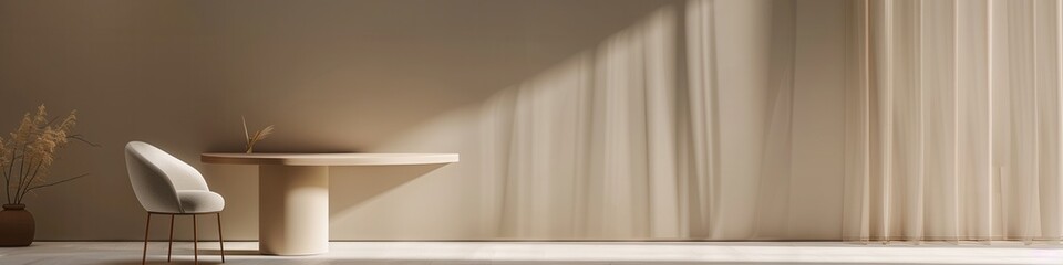 Poster - A white chair sits beside a wooden table in a minimalist room with natural light filtering through a sheer curtain. Generative AI