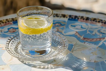 Sticker - Lemon Infused Water in Elegant Glass on Ornate Plate Capturing a Refreshing and Stylish Beverage in Sunlit Outdoor Setting