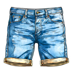 illustration of a pair of blue denim shorts with rolled cuffs isolated on transparency png backgroun