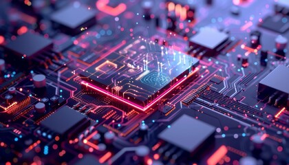 Poster - Close Up of a Computer Chip With Glowing Circuits and Data Flow