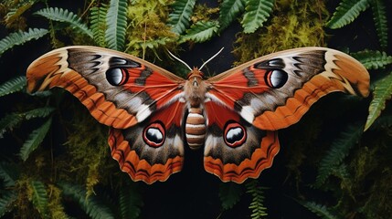 Wall Mural - An Atlas Moth, one of the largest moths, with its unique wing patterns, resting on an ancient stone wall covered in moss and ferns.