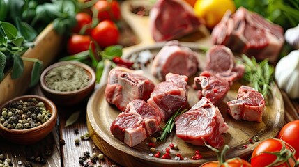 pieces of meat on a lamb plate. Selective focus.