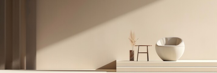 Aufkleber - A white chair sits on a white platform with a small side table and dried flowers in front of it. The background is a cream wall with a subtle shadow cast by sunlight. Generative AI