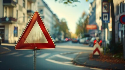 a realistic existing German red and white triangle shaped traffic sign is standing next to a busy street 