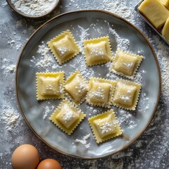 Poster - Fresh homemade ravioli on a textured plate. Rustic meal preparation scene. Perfect for Italian food lovers and cookbooks. 