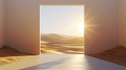 Poster - View of a vast desert landscape seen through a modern geometric archway, emphasizing minimalism and the vastness and heat of the desert environment.
