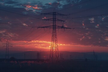 Poster - A serene landscape of a sunset behind power lines, suitable for use in travel or nature photography