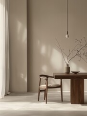 Aufkleber - A wooden table and chair sit in a minimalist dining room with a single light fixture hanging above. Natural light streams in from a window. Generative AI
