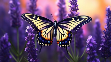 Wall Mural - A drawing of a Monarch butterfly perched on a lavender flower.