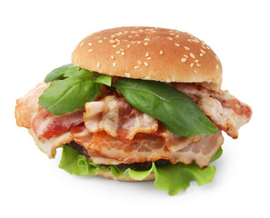 Wall Mural - Delicious burger with bacon and greens isolated on white