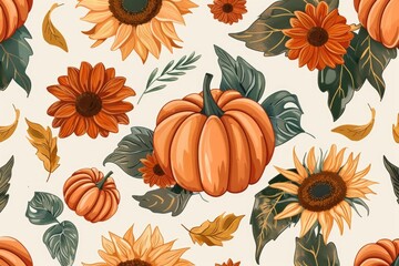 Poster - Fresh sunflowers and pumpkins arranged on a clean white surface, great for fall and harvest themed designs