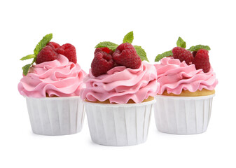 Wall Mural - Tasty cupcakes with raspberries and mint isolated on white