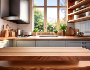 Poster -  Wooden Kitchen Podium- A wooden podium set in a kitchen background, perfect for food produc_1(462)