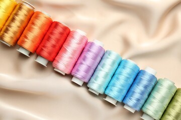 Sticker - Spools of sewing threads on beige cloth, top view