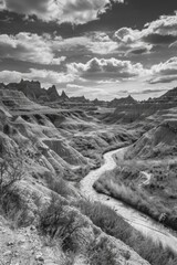 Poster - A black and white photograph of the Badlands landscape with unique geological formations