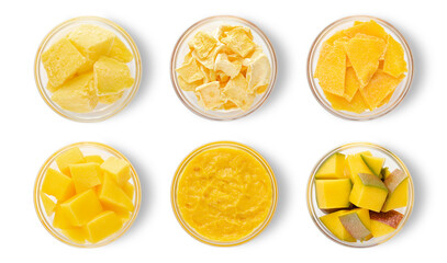 Wall Mural - Assorted dried mango slices and bites with frozen and freezed mangoes and mashed smoothie on white background.Top view.Macro.