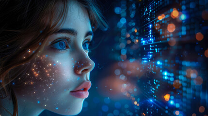 Poster - female it specialist analyzing cybersecurity threats with augmented reality technology, side profile