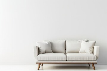 Poster - A white sofa with wooden legs sits in a minimalistic room with white walls. Generative AI
