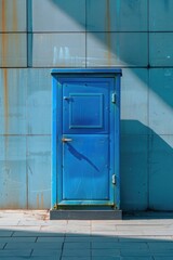 Poster - A blue door is situated on the exterior wall of a building