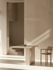 Poster - A modern stone table and chair sit in a minimalist interior space with natural light. Generative AI