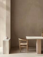Aufkleber - A single wooden chair sits beside a rectangular table with a white top and a beige base, in a room with beige walls. Generative AI