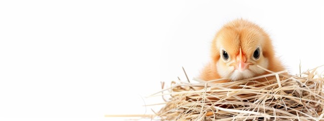 Wall Mural -  A tight shot of a small bird perched atop a haystack, its beady eyes gazing out open