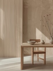 Poster - A single wooden chair sits at a light wood table in a sunlit room with sheer curtains. Generative AI
