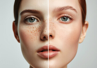 Beauty shot of young woman before and after the cosmetics skin care procedure.Macro.AI Generative.