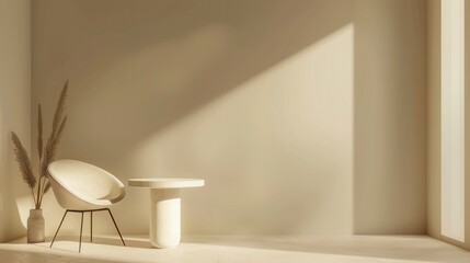 Poster - A white chair and table sit in a minimalist room, bathed in natural light streaming through a window. A vase of dried grasses adds a touch of texture. Generative AI
