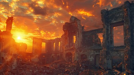 Poster - Abandoned building ruins with sunset in background, possible after disaster or war scenario