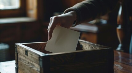 Aufkleber - A person carefully places a piece of paper into a wooden box